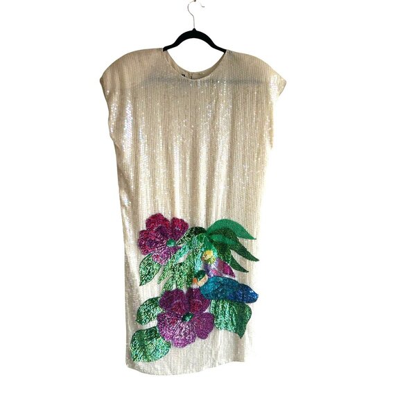 Vintage Sequin Floral & Bird Embellished Dress With Button Back Closure - Picture 2 of 8